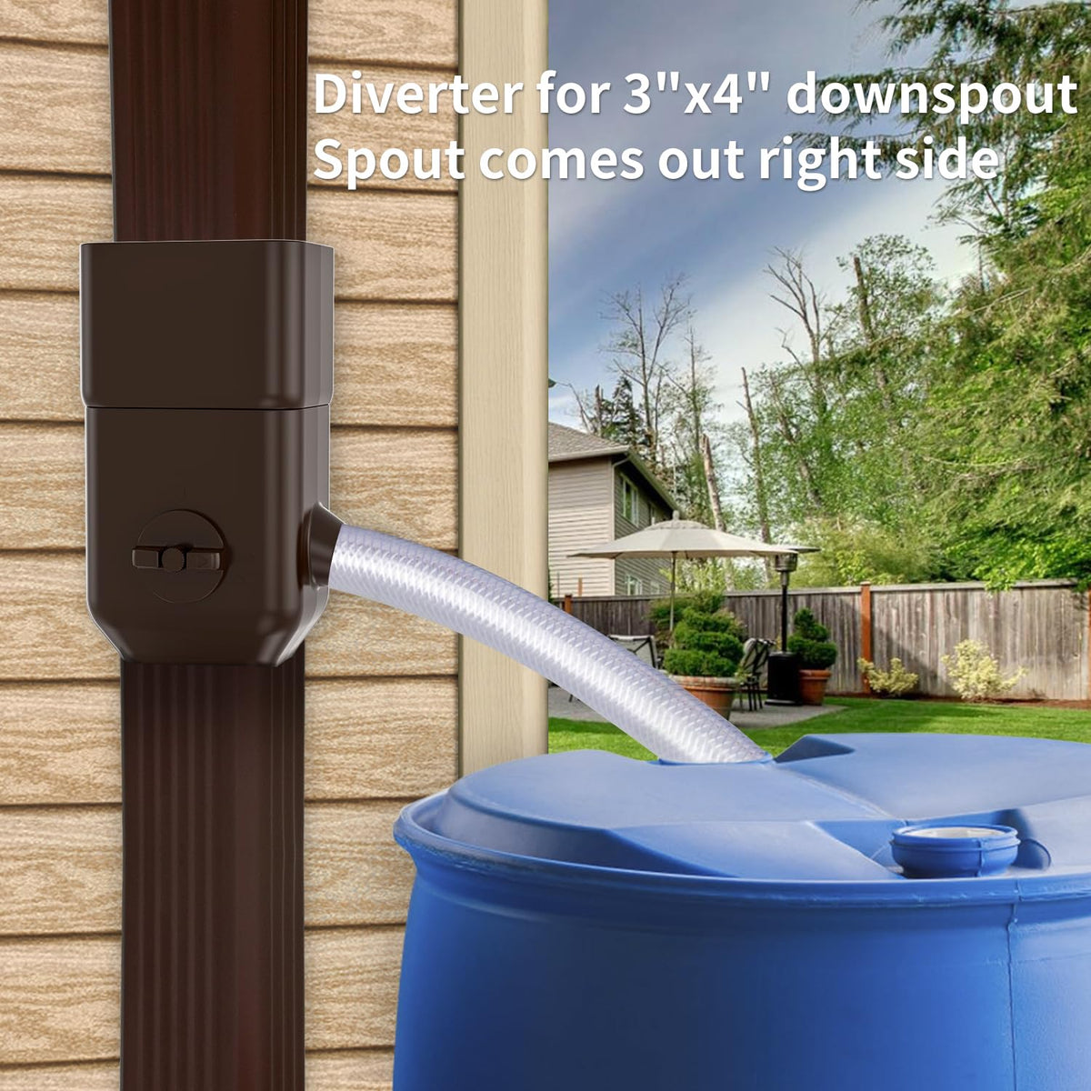 Prestantious downspout diverter on right-side spout redirecting runoff into a rain barrel.