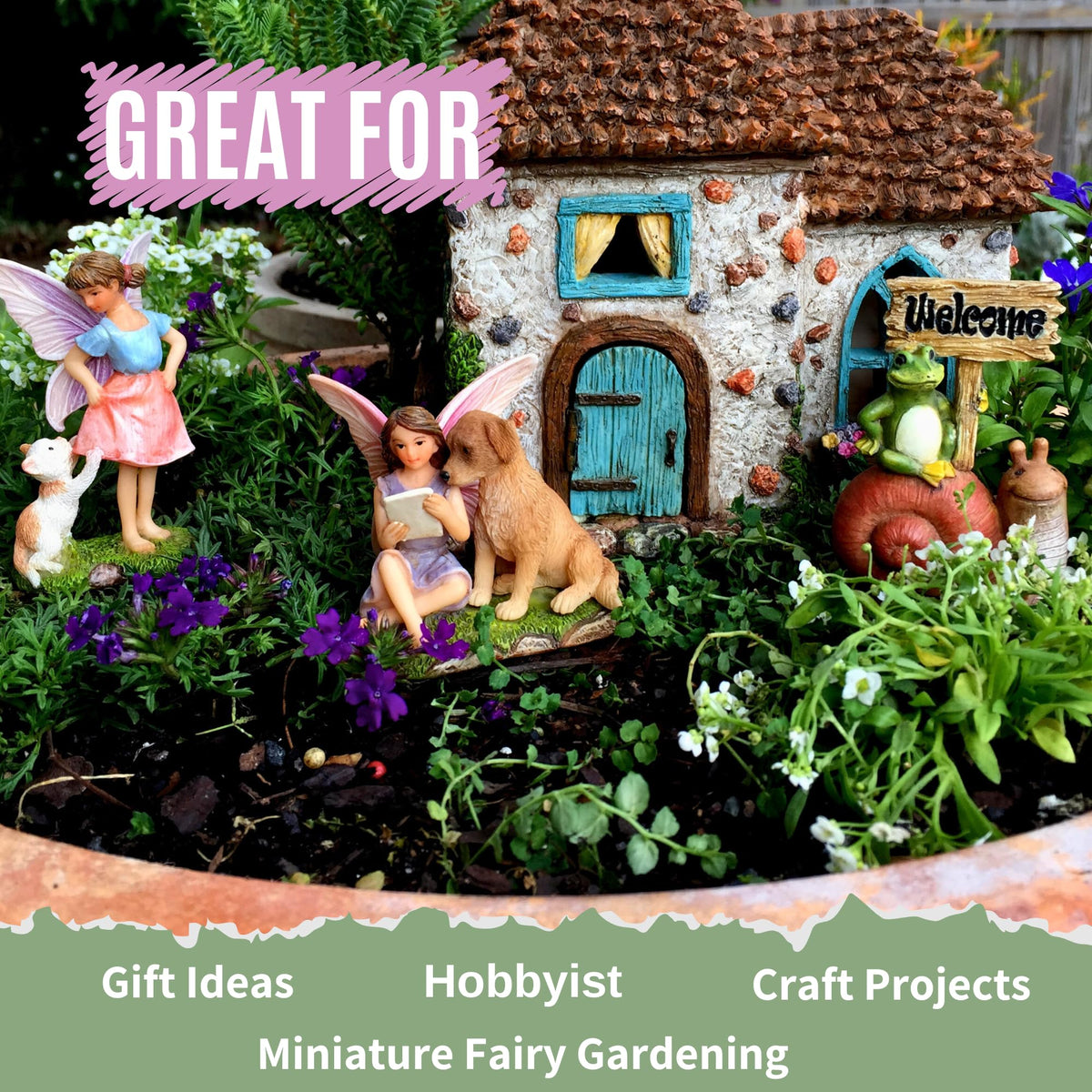PRETMANNS Durable resin construction resists weather in fairy gardens.
