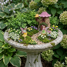 PRETMANNS Fairy garden accessories laid out for a vibrant container garden setup.
