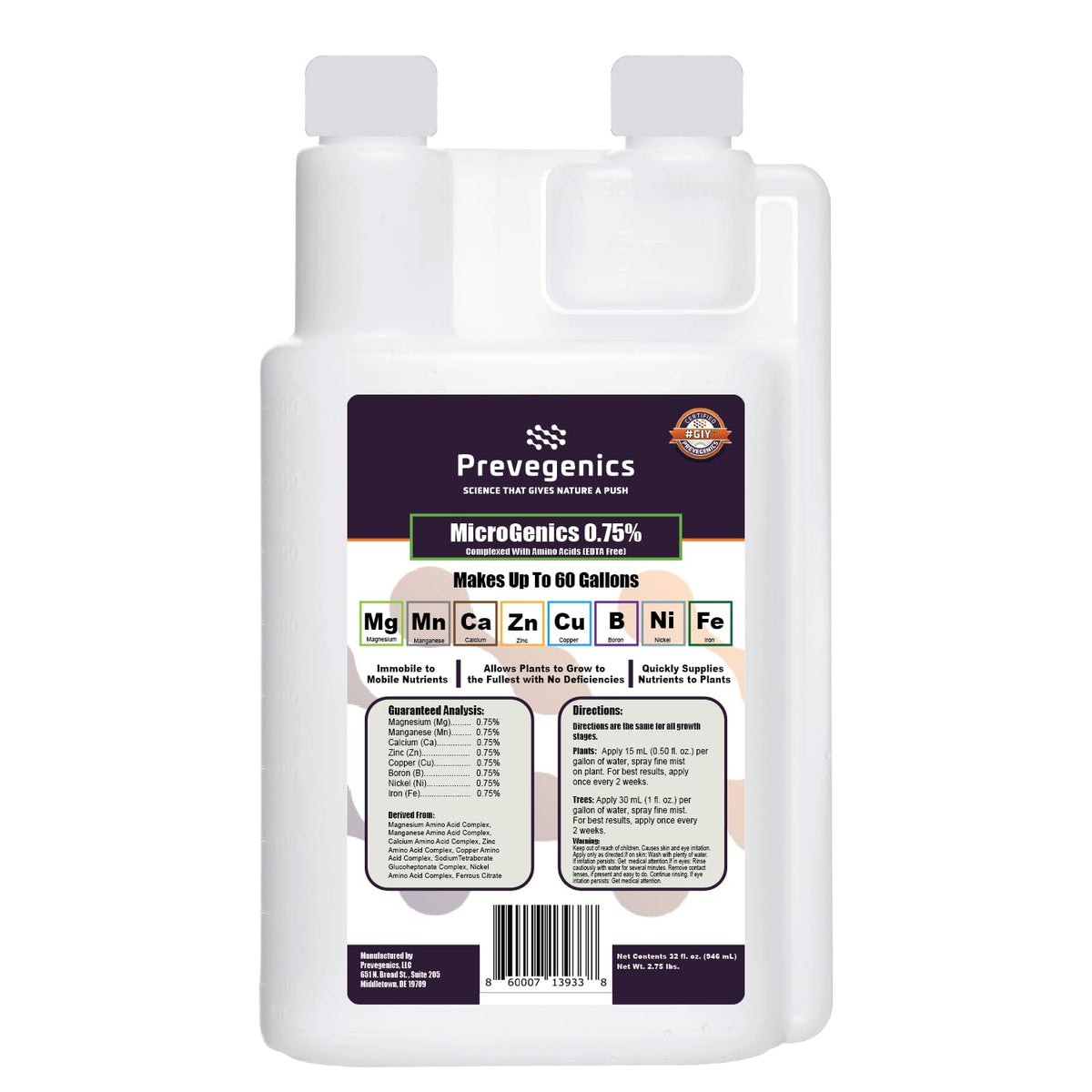Prevegenics MicroGenics 0.75% bottle pour supports quick foliar uptake