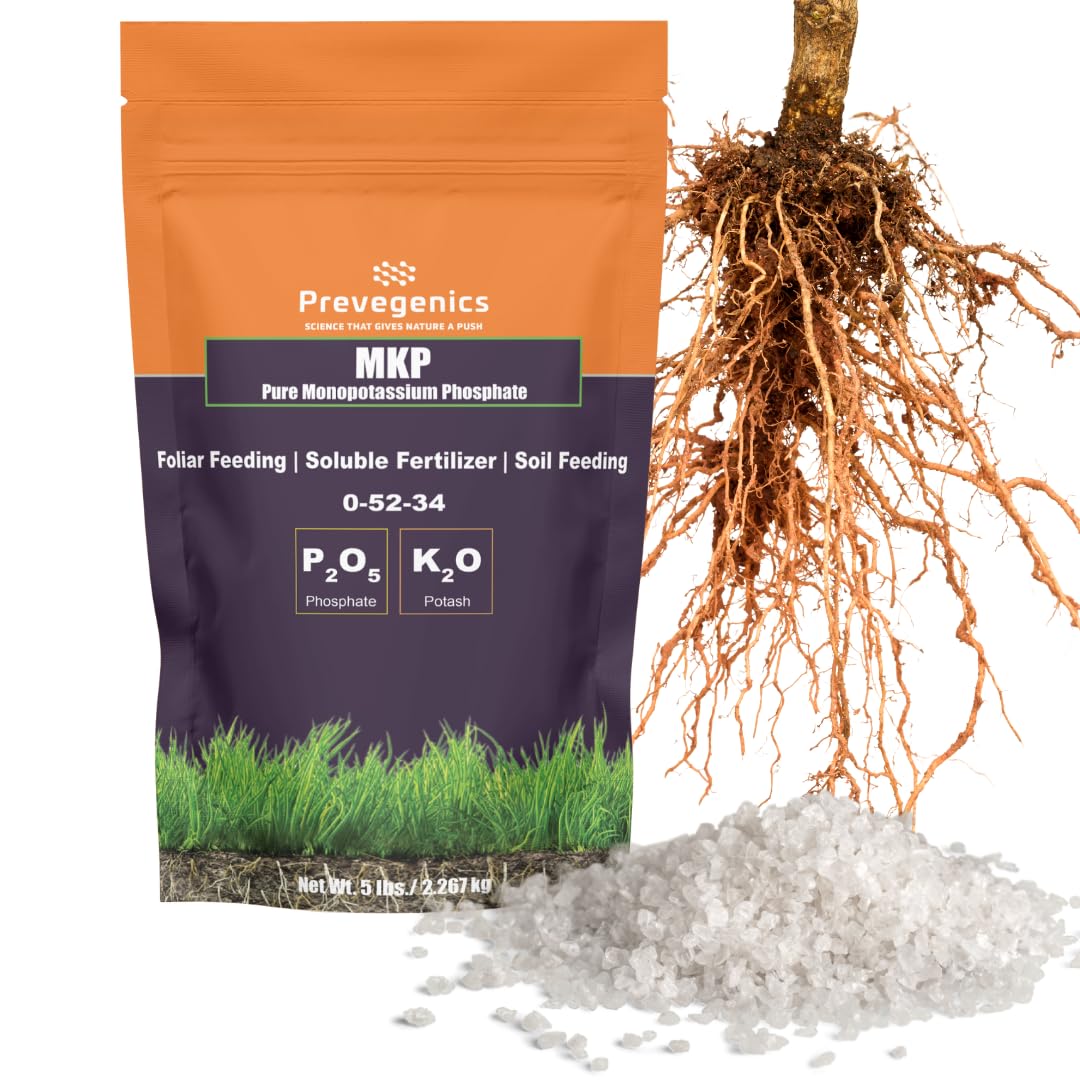 Prevegenics MKP fertilizer bottle pouring nourishes plants for stronger roots.