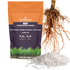 Prevegenics MKP fertilizer bottle pouring nourishes plants for stronger roots.