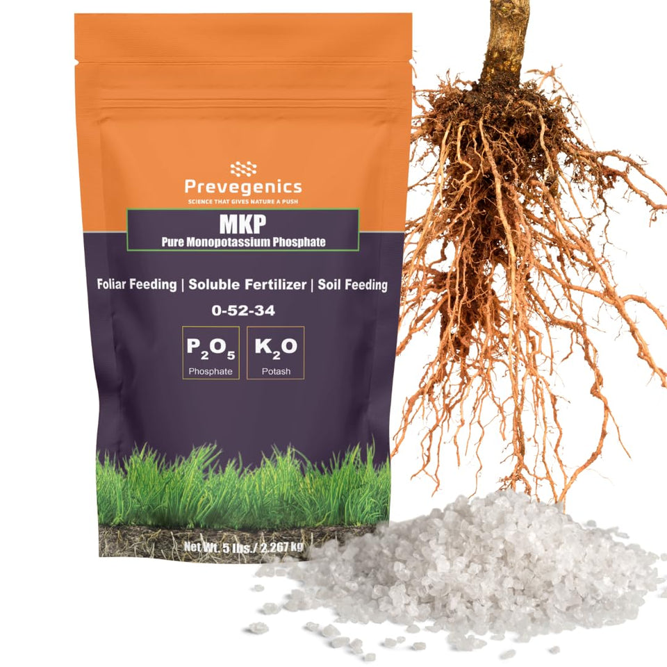 Prevegenics MKP fertilizer bottle pouring nourishes plants for stronger roots.