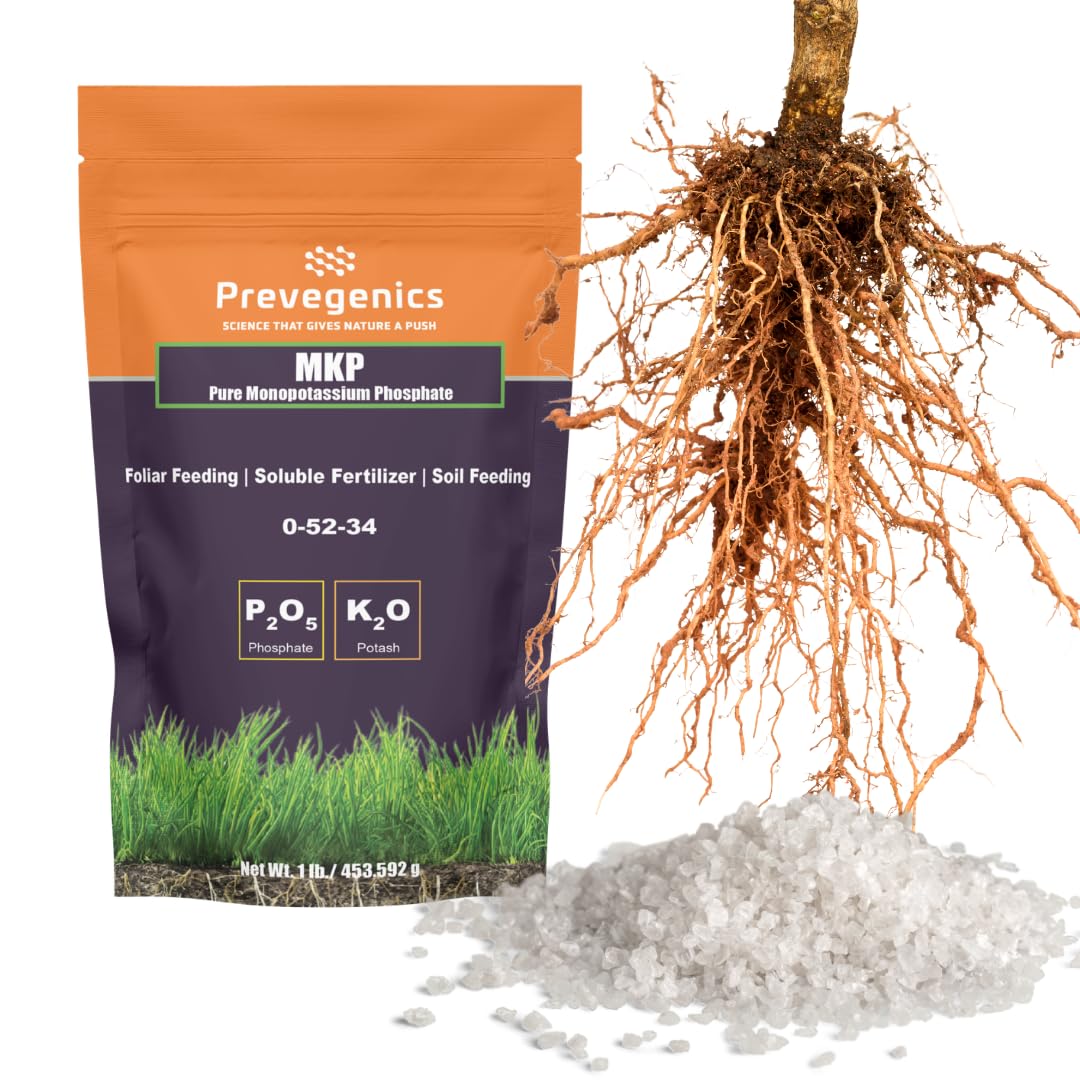 Prevegenics MKP fertilizer bottle highlighting balanced P and K for strong root growth.