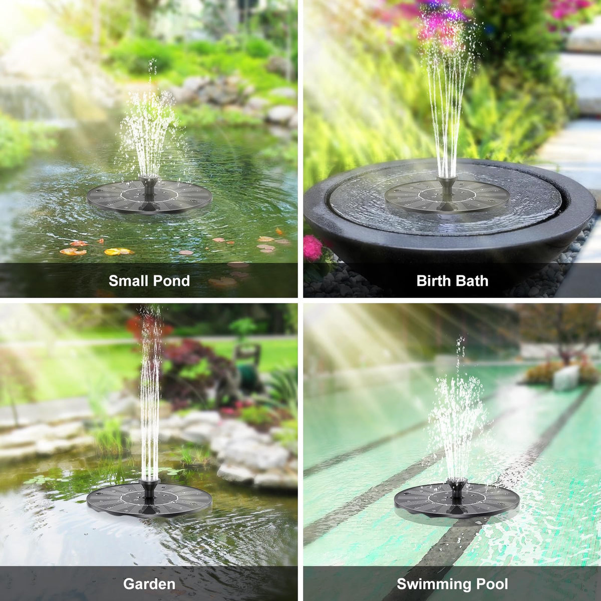 Priksia Solar Water Fountain six-nozzles offer varied patterns for dynamic display.