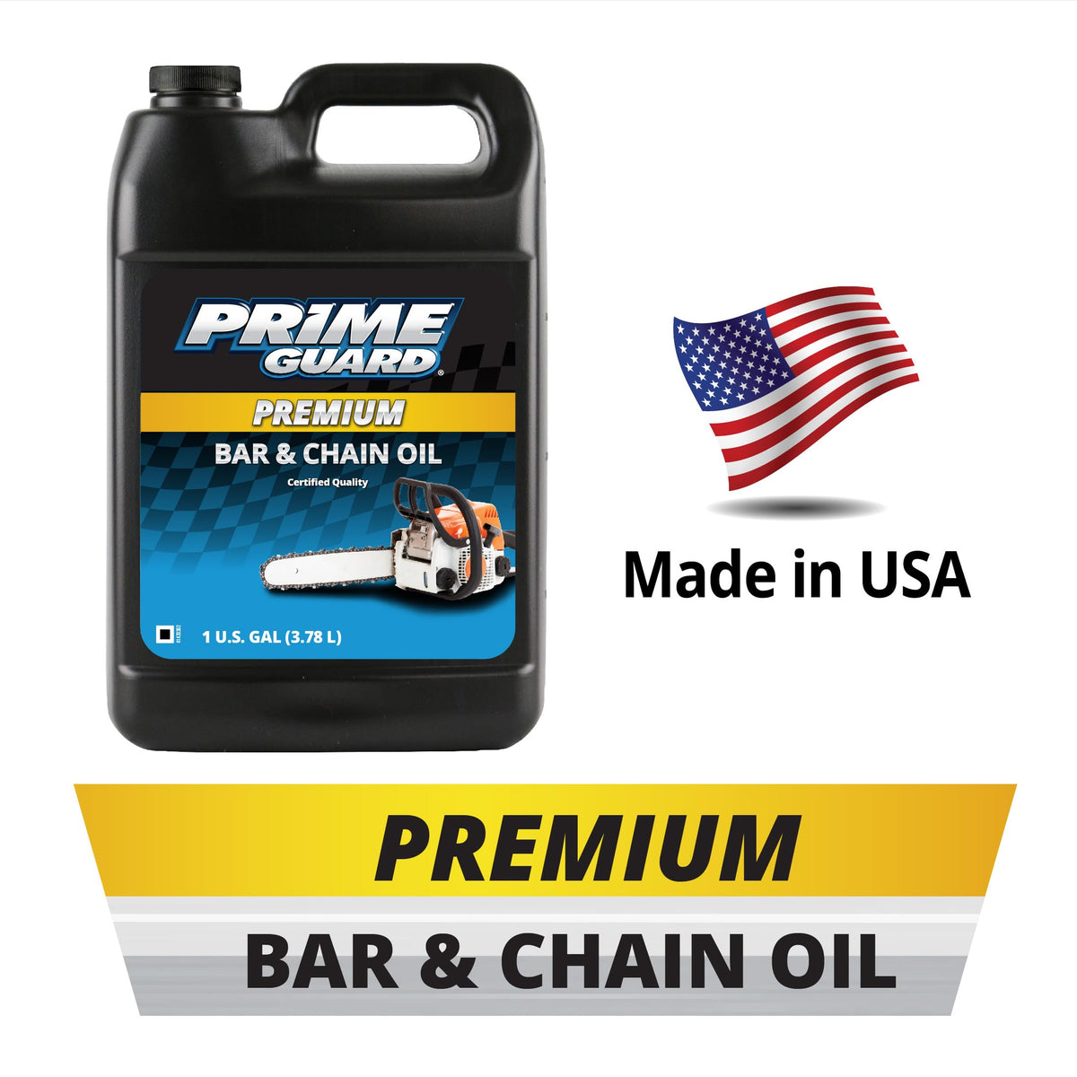 Prime Guard Bar & Chain Oil packaging shows 1-gallon capacity.