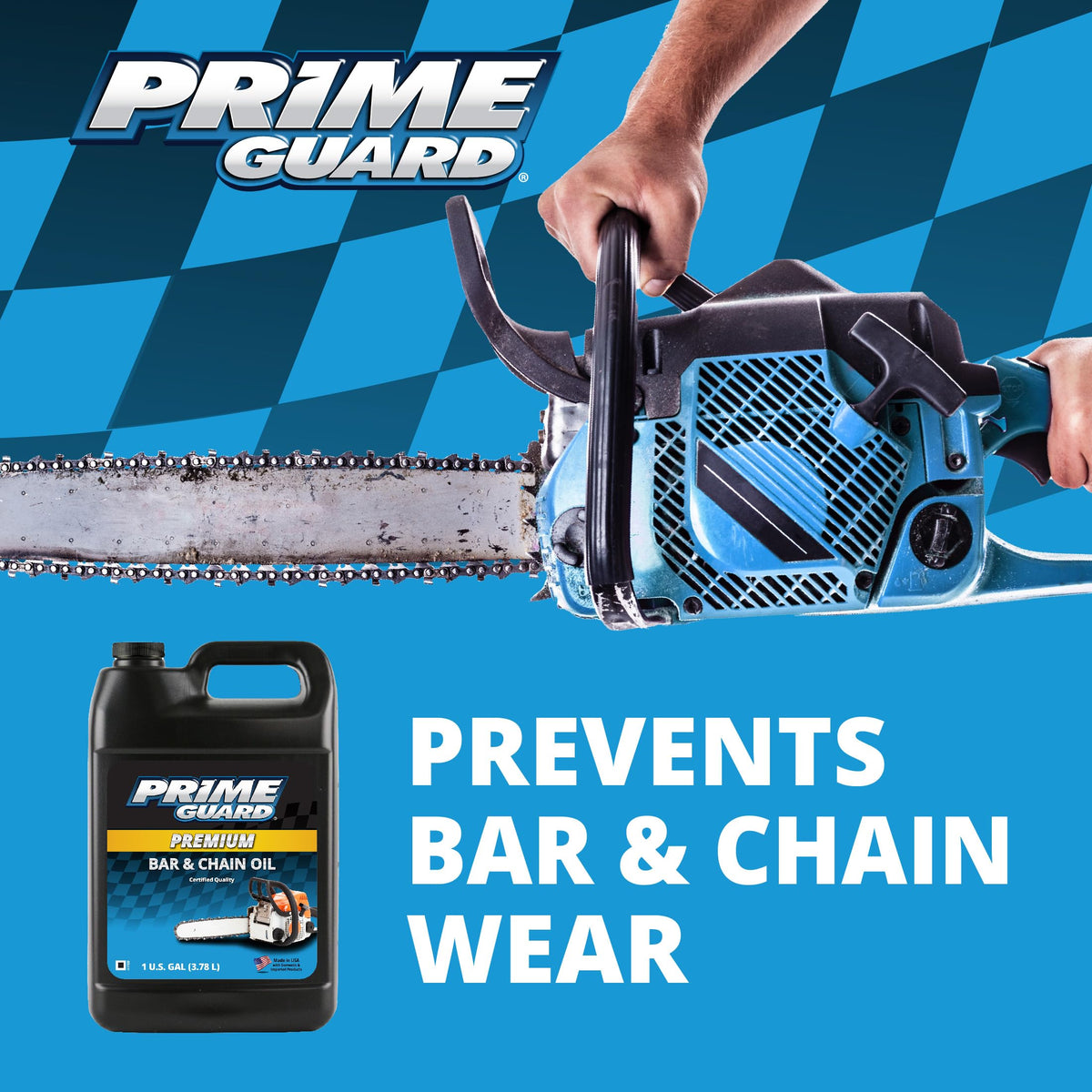Prime Guard Bar & Chain Oil pour demonstrates easy application during cutting tasks.