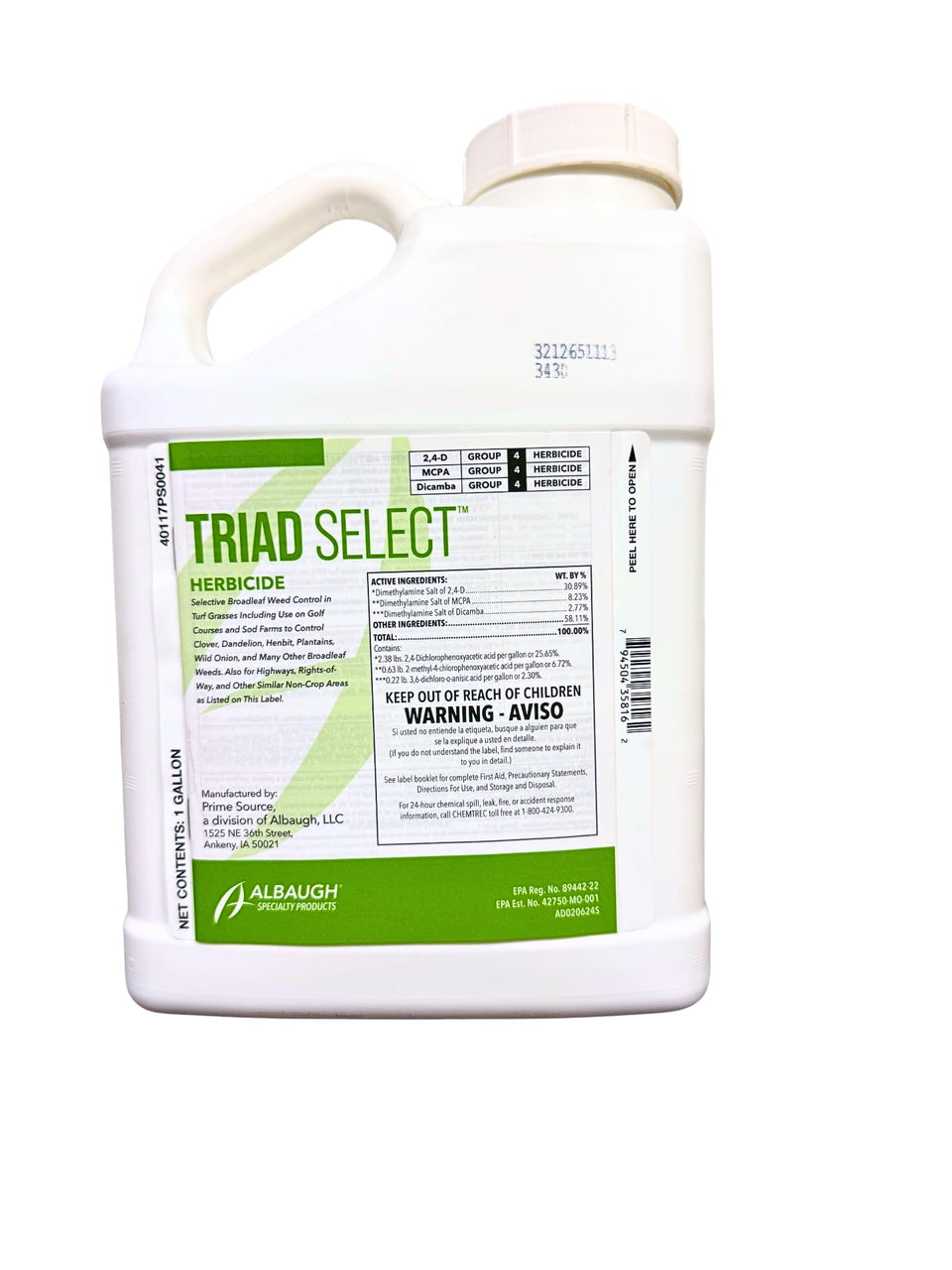 Primesource Triad Select bottle label displays broadleaf weed control for turf.