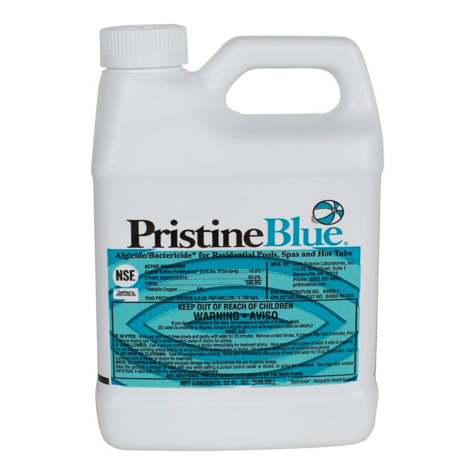 Pristine Blue 32oz bottle pouring to support clear, balanced water with non-chlorine system.