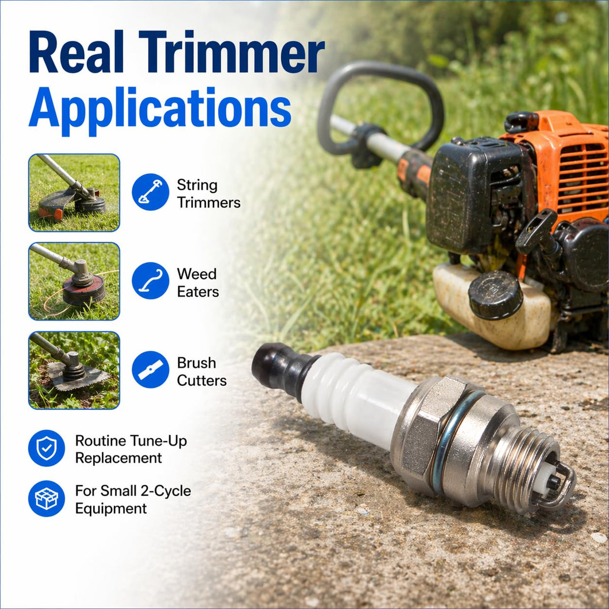 Brand label on spark plug highlights compatibility across MTD and Champion specs