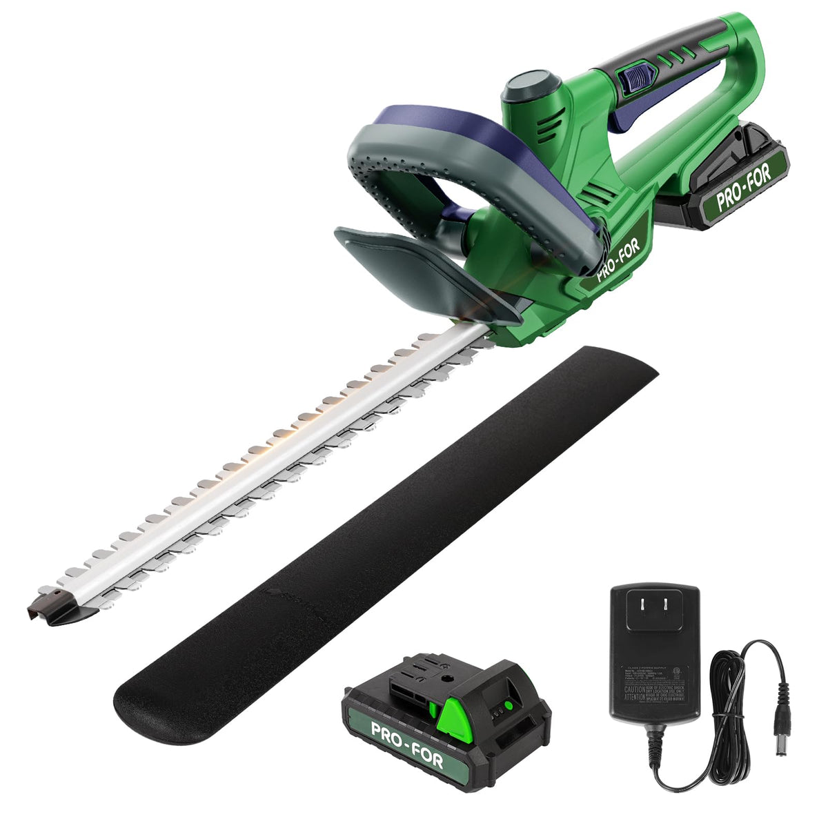 PRO-FOR cordless hedge trimmer with battery and charger, ready for immediate use in your garden