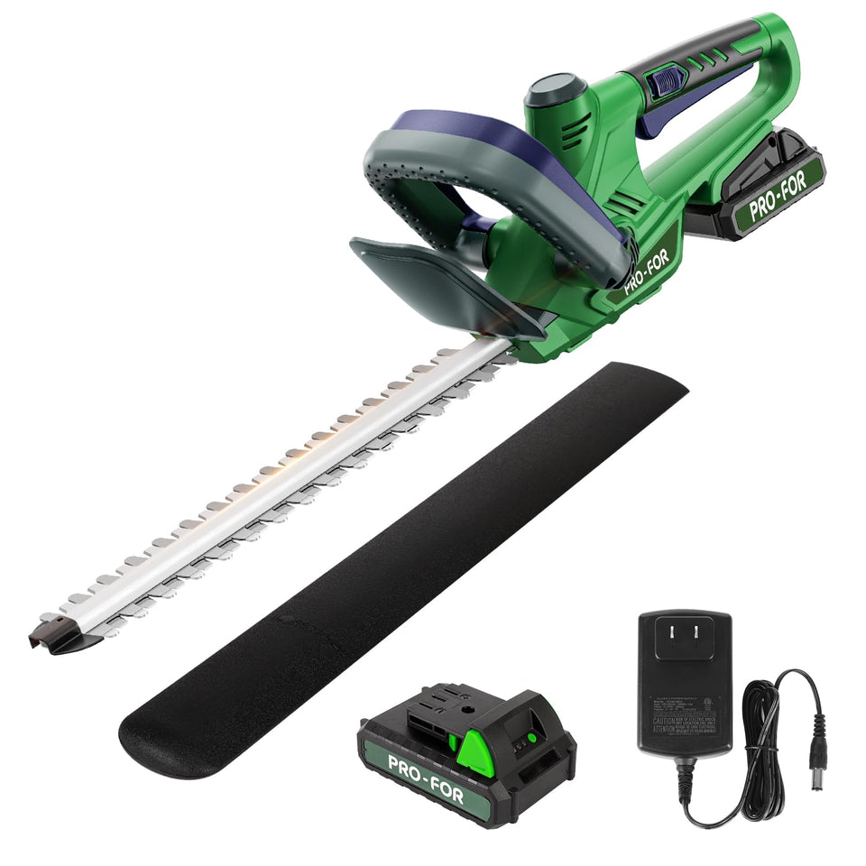 PRO-FOR cordless hedge trimmer with battery and charger, ready for immediate use in your garden