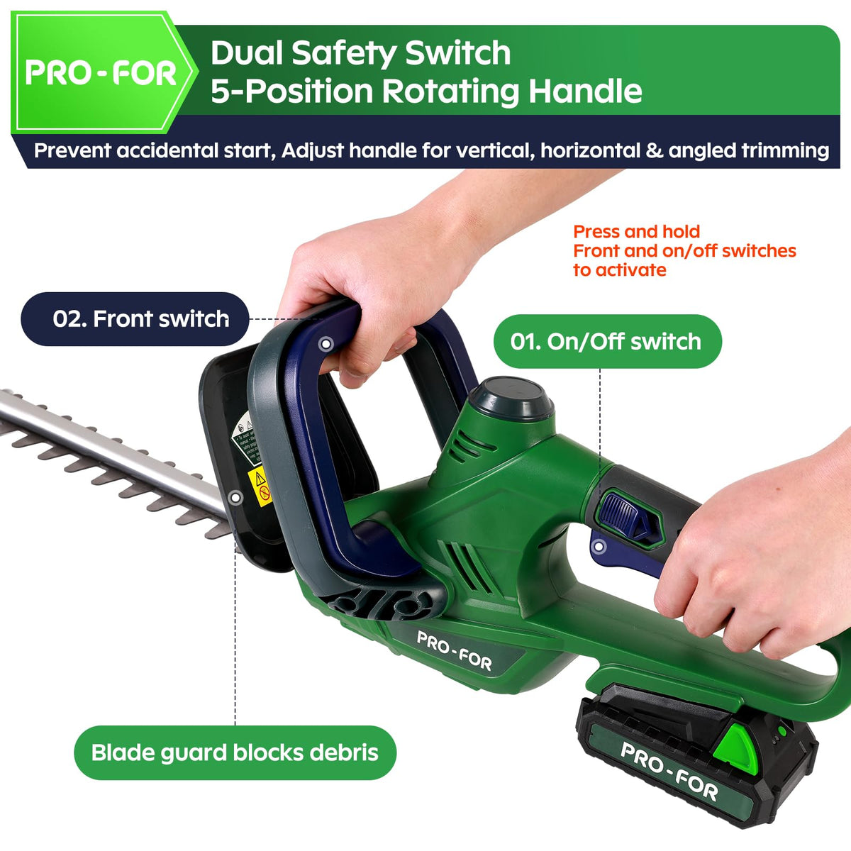 PRO-FOR dual safety switch and blade guard for secure trimming safety