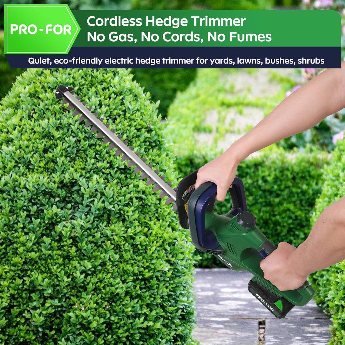 PRO-FOR hedge trimmer in use, shaping a hedge with precision