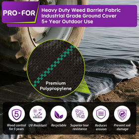 PRO-FOR weed barrier fabric laid over soil under mulch showing even coverage.