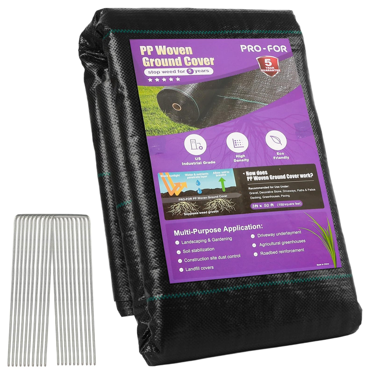 PRO-FOR weed barrier fabric rolled for durable ground cover and weed suppression.