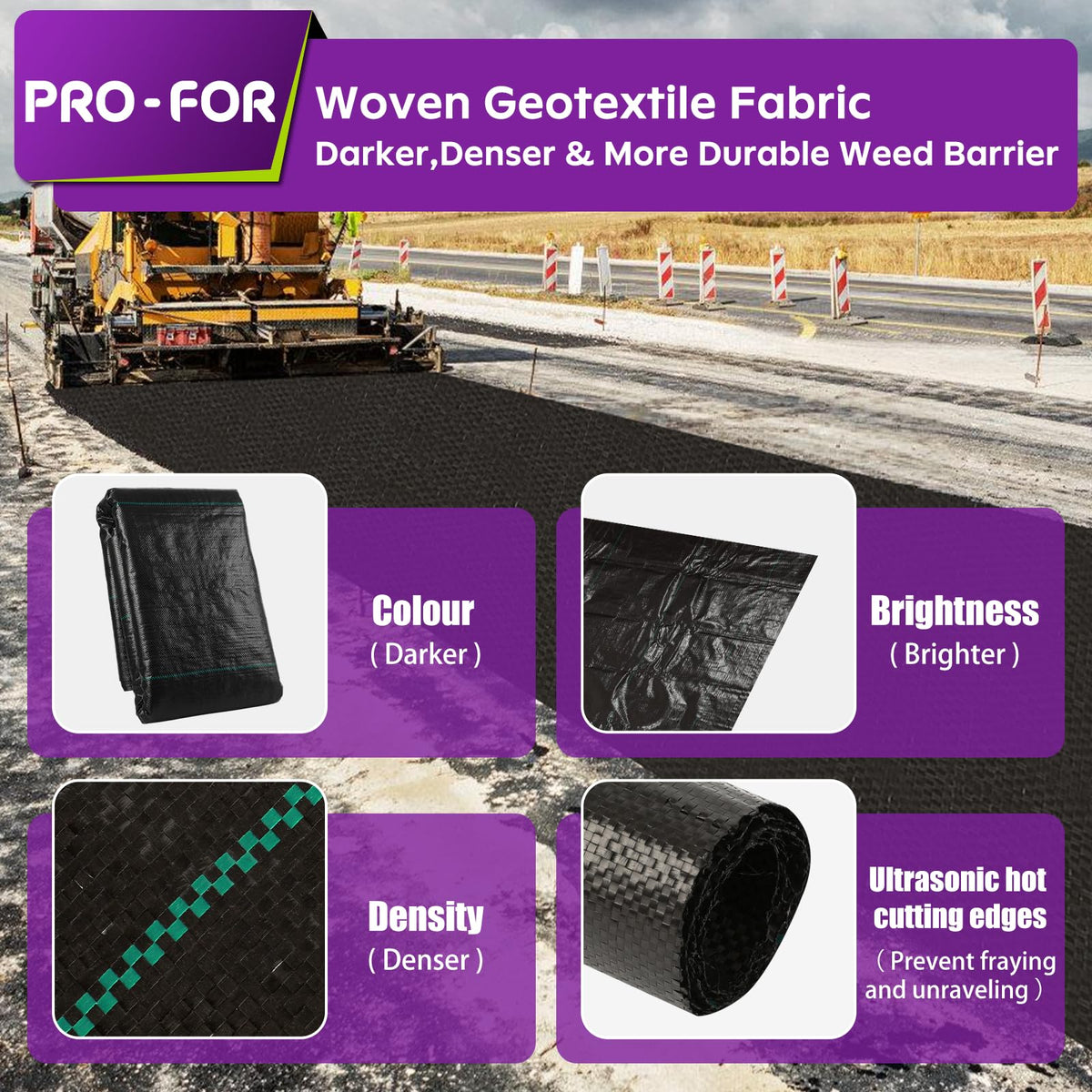 PRO-FOR weed barrier fabric secured with U-shaped pegs for a stable setup.