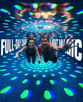 Colorful light modes complement spray for a magical nighttime water display.