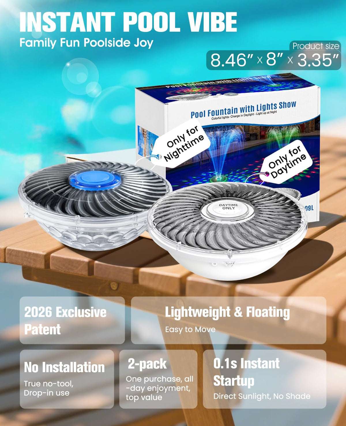 ProSplash solar fountain night light show displays six color modes for evening ambiance.