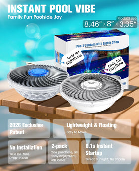 ProSplash solar fountain night light show displays six color modes for evening ambiance.