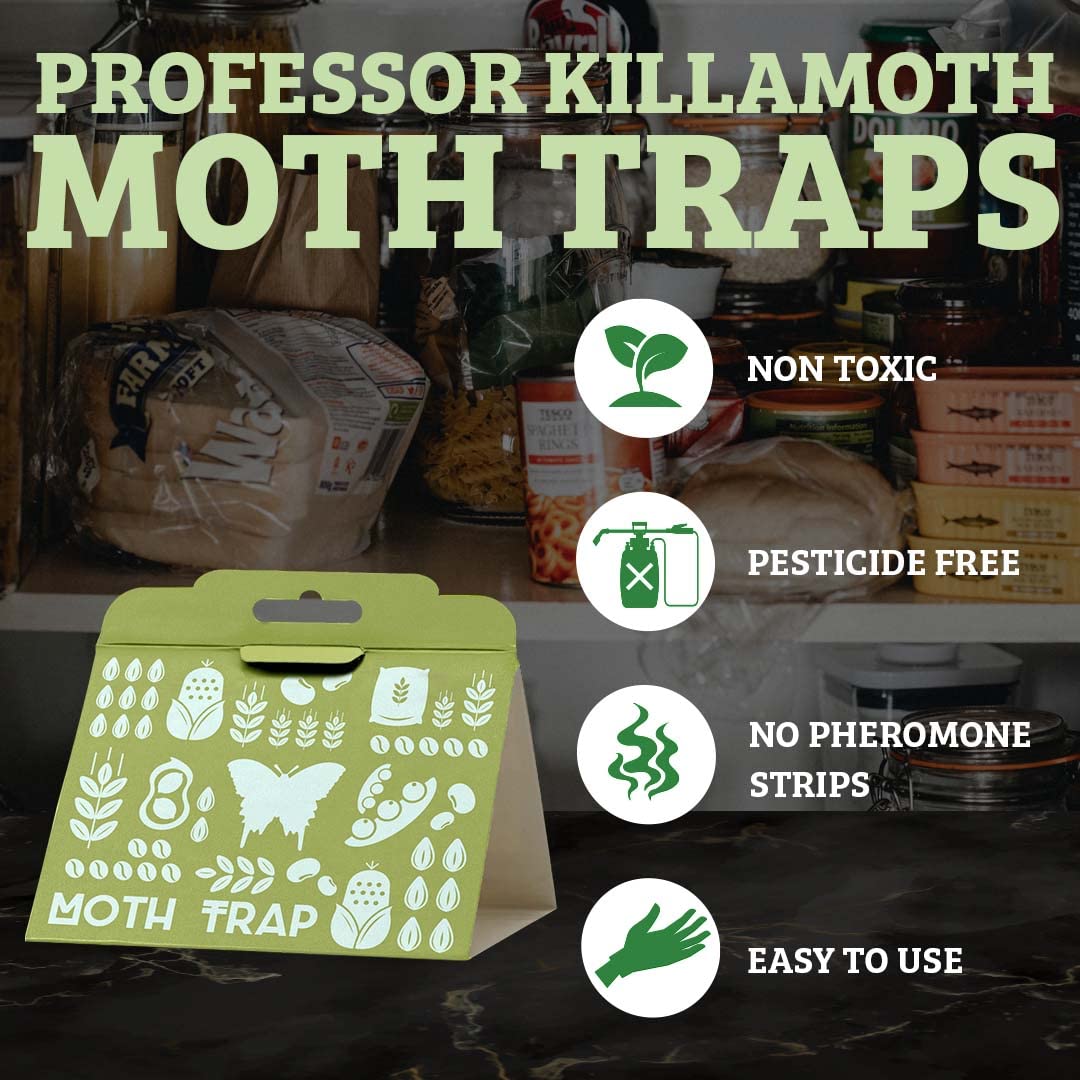 Closeup of Professor Killamoth pheromone trap catching pantry moths.