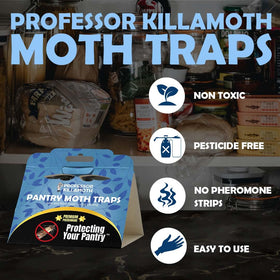 Professor Killamoth pantry moth traps blue design foil pouch for easy disposal after capture.