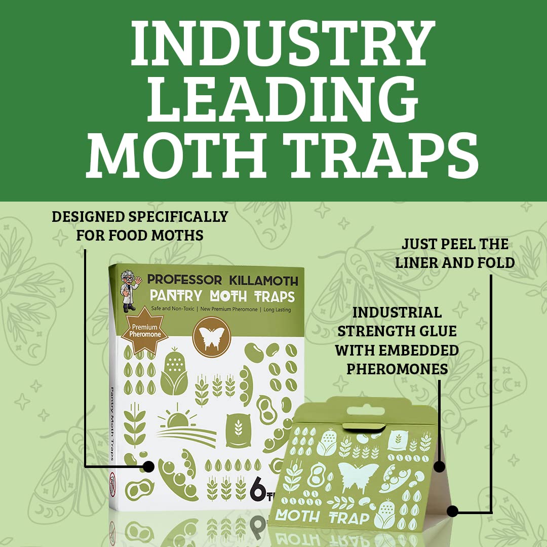Professor Killamoth traps detecting moth activity on kitchen shelves.