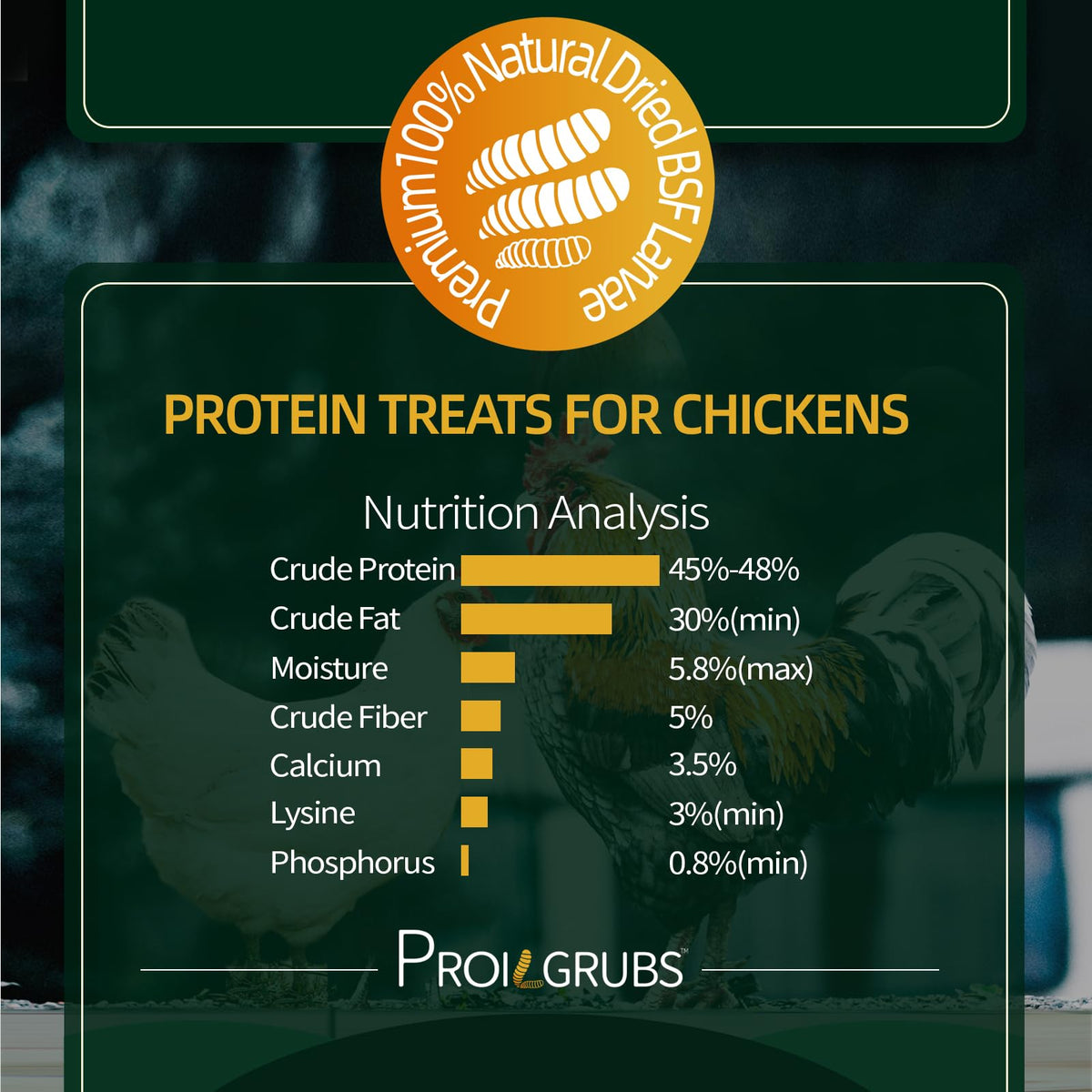 PROILGRUBS BSFL dried grubs close-up emphasizing high-protein chicken snack.