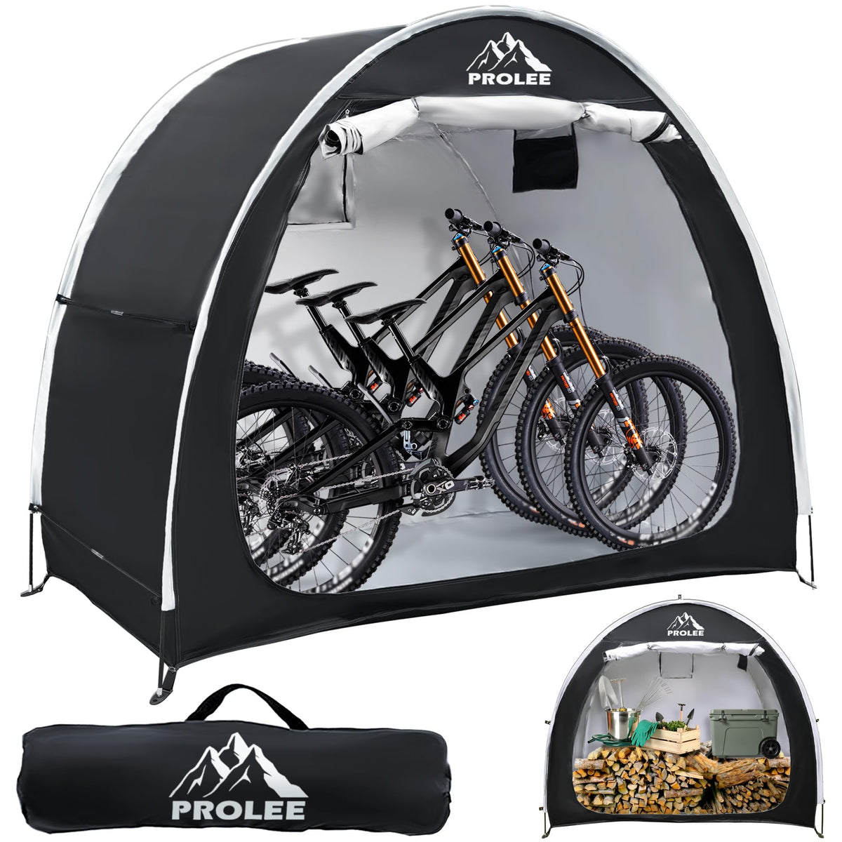 PROLEE Bike Shed front view shows room for two bikes in dry comfort.