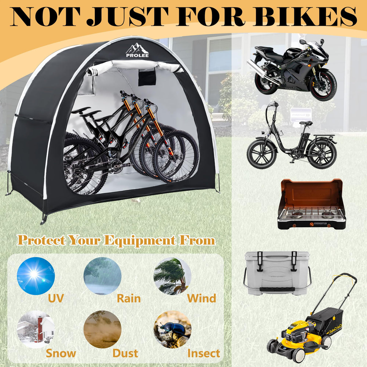 PROLEE Bike Shed side view highlights easy access and weather protection.