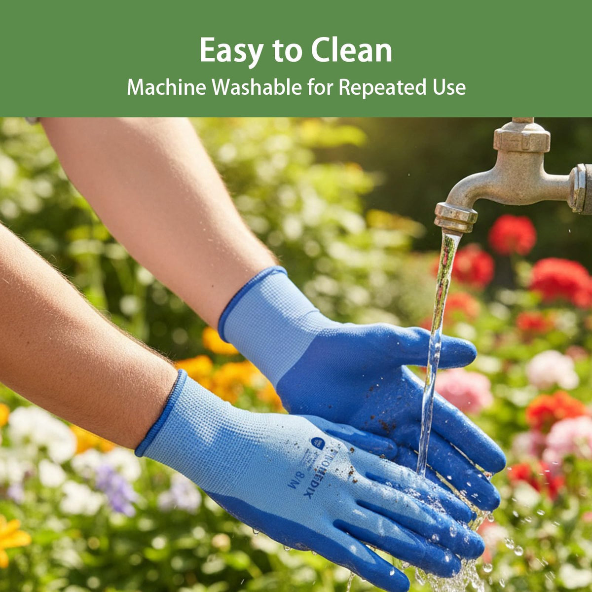 PROMEDIX P gloves with extended cuffs shield wrists during yard work.