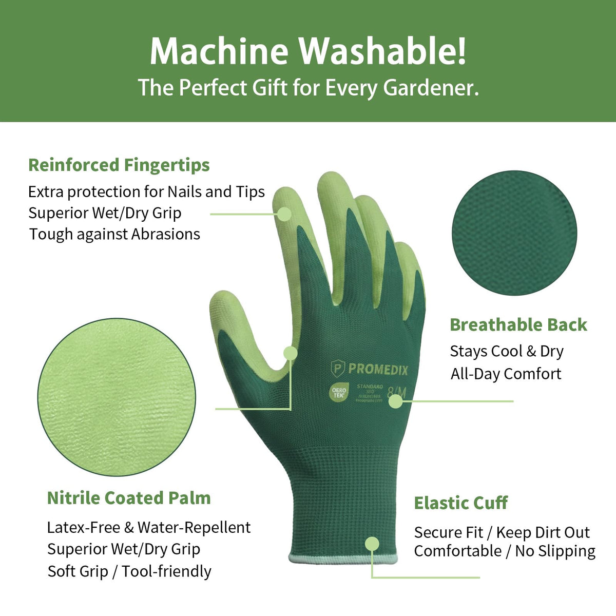 PROMEDIX P gloves feature thickened fingertips and flexible cuffs for extra protection against thorns.