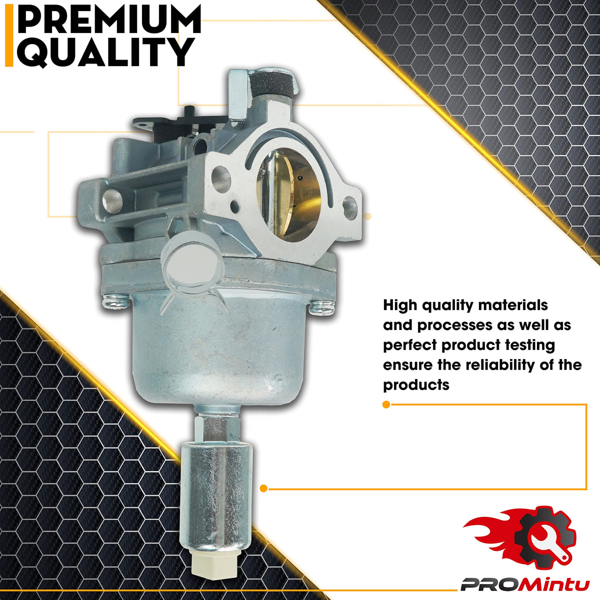 Promintu Briggs Stratton 13.5hp carburetor closeup enables reliable ignition.