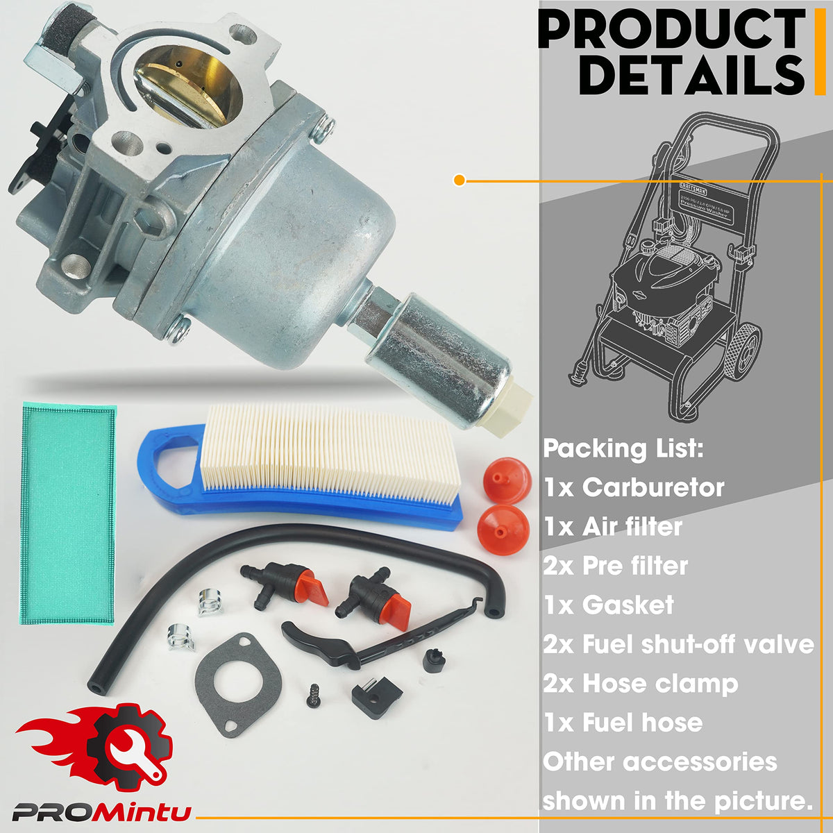 Promintu 17.5hp Briggs Stratton carb closeup promotes reliable idle and throttle control.