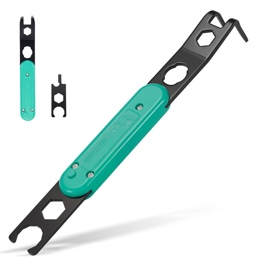 Pronese metal solar 5-in-1 tool featuring MC4 disconnector for faster installation.