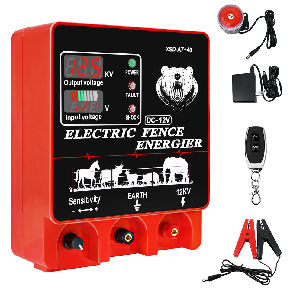 PROOVEELLY 9J fence charger front view, compact unit for reliable yard protection.