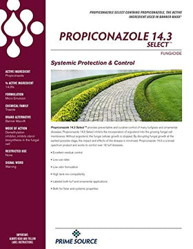 Propiconazole 14.3 Select label on container for turf and ornamental disease control.