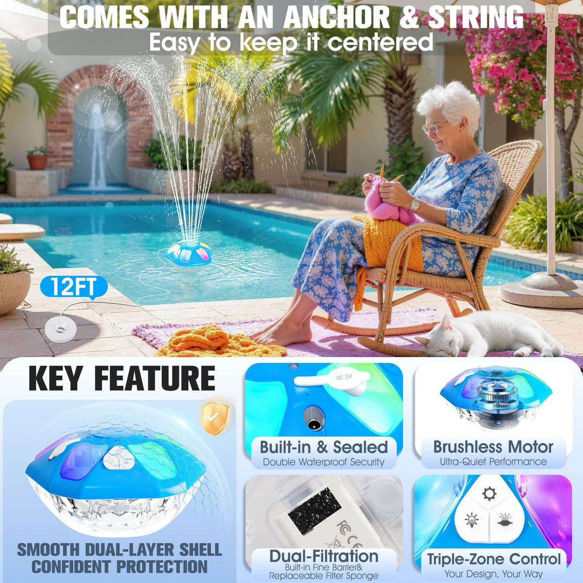 ProSplash 2026 pool fountain ultra-quiet motor ensures peaceful poolside moments.