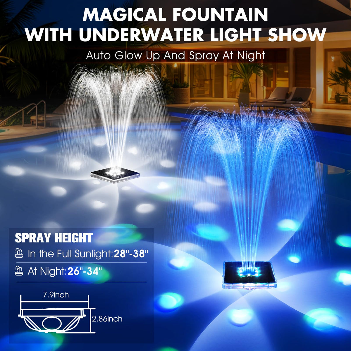 Prosplash evening light show enhances pool ambiance during night swims