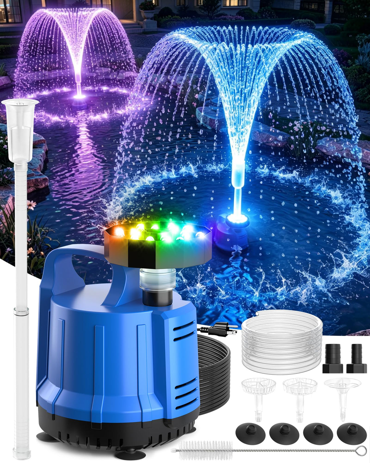 Prosplash pond filter-pump-fountain in dark blue enhances clarity and visual interest