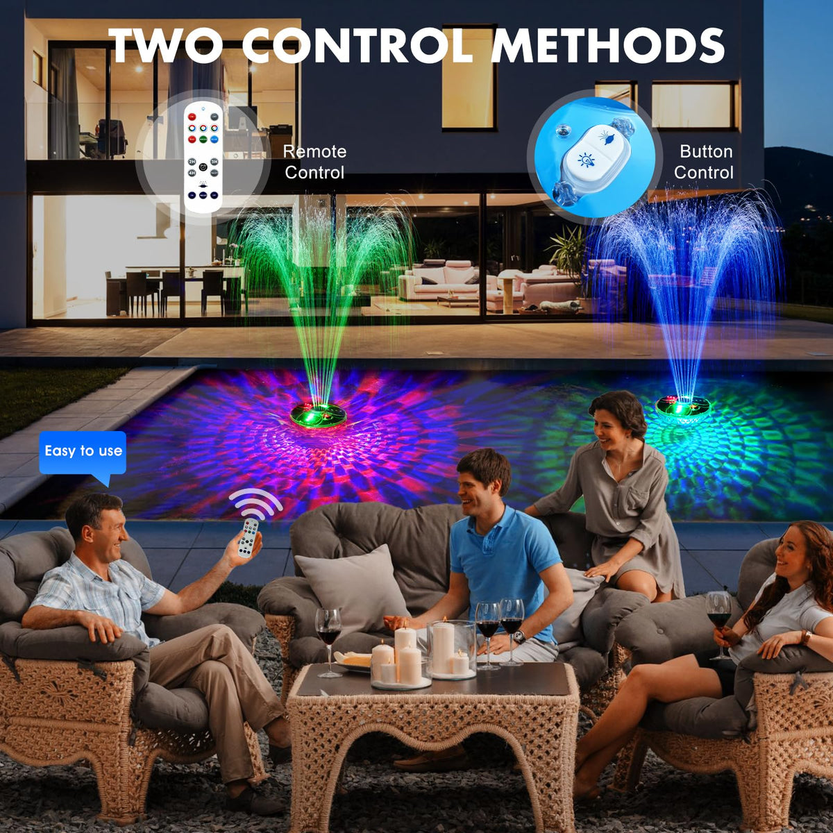 ProSplash fountain displaying six lighting modes for night displays