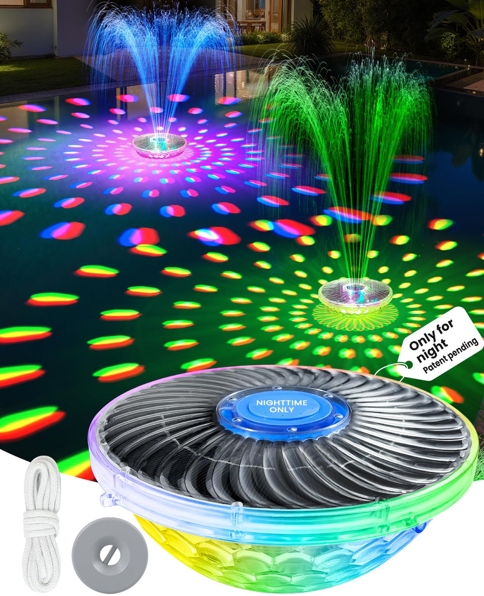 ProsSplash solar pool fountain blue water spray brightens daytime pool decor.