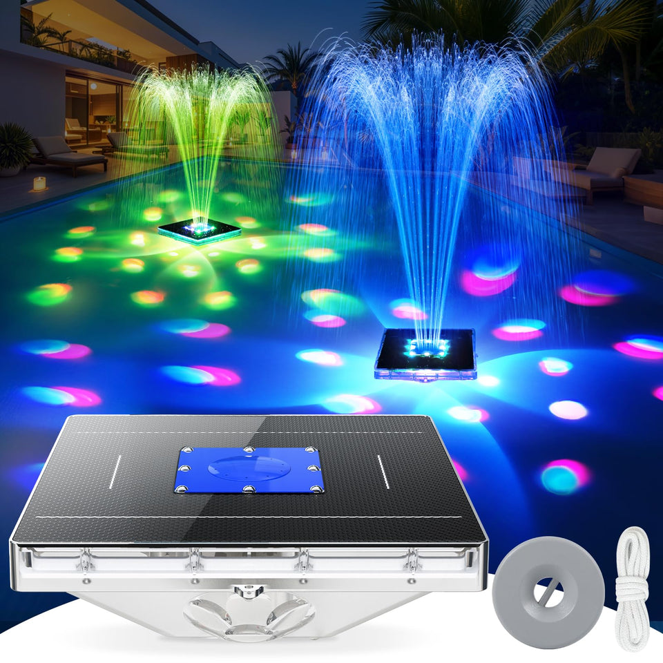 Prosplash solar pool fountain in dark blue creates dynamic water display in sunlit pools