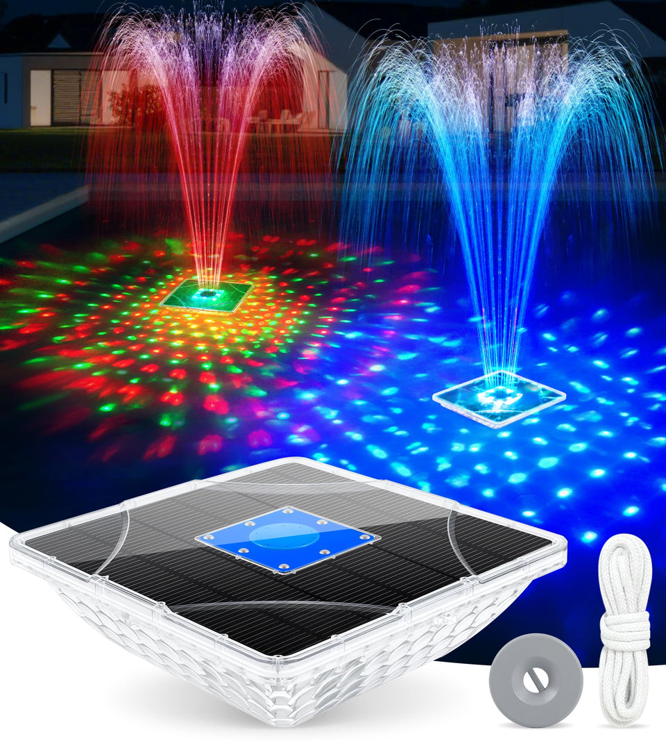 ProSplash solar pool fountain with light show over water at dusk.
