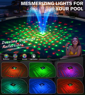 ProSplash solar pool fountain creating a vivid water jet in sunny conditions.