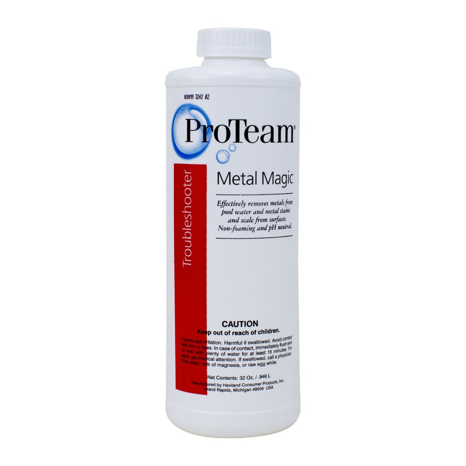 ProTeam Metal Magic bottle pouring demonstrates metal removal for pool water.