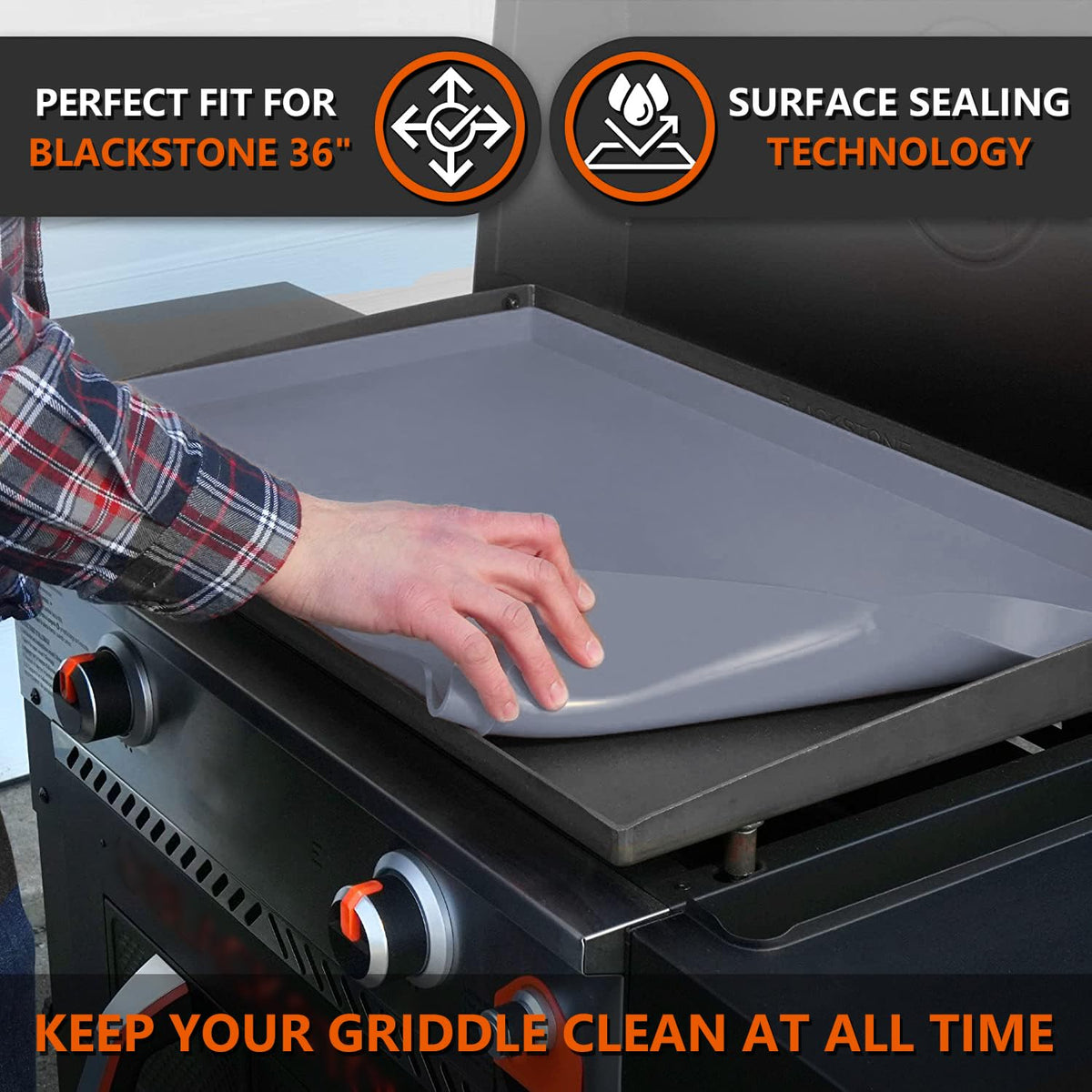 Protebox full-coverage mat shields the griddle from dust, rust, and pests.