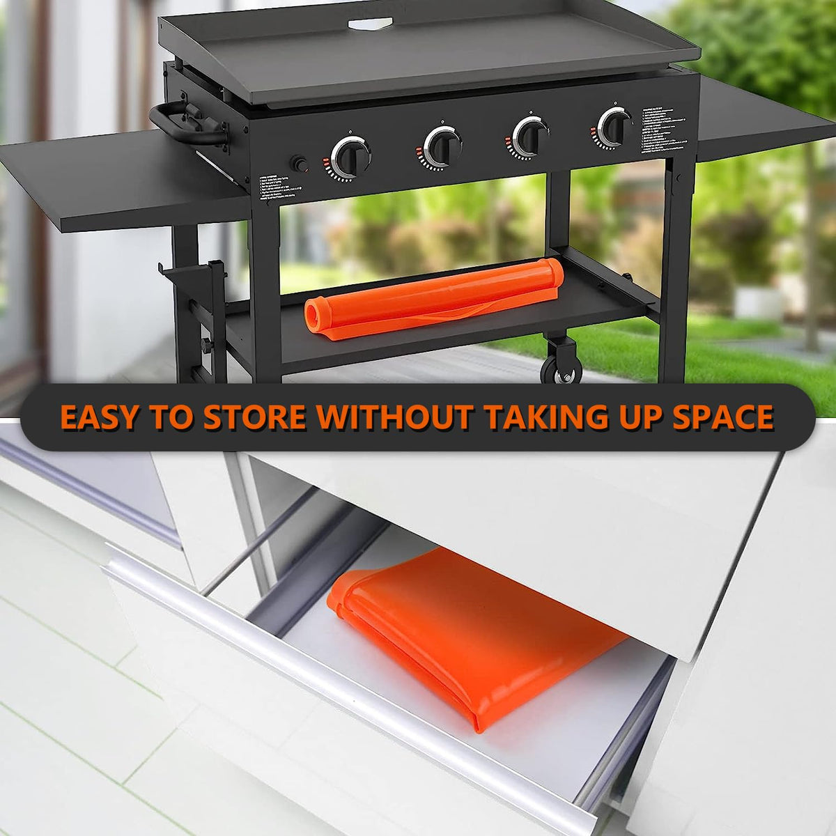 Protebox griddle mat in use on 22-inch Blackstone during weekend barbecues.
