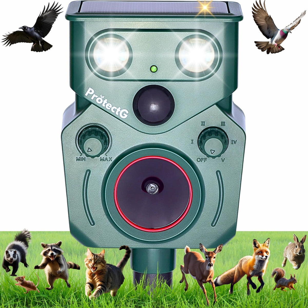 ProtectG Solar Ultrasonic Animal Repellent front view deters wildlife with compact, weatherproof design.