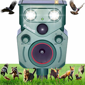 ProtectG Solar Ultrasonic Animal Repellent front view deters wildlife with compact, weatherproof design.